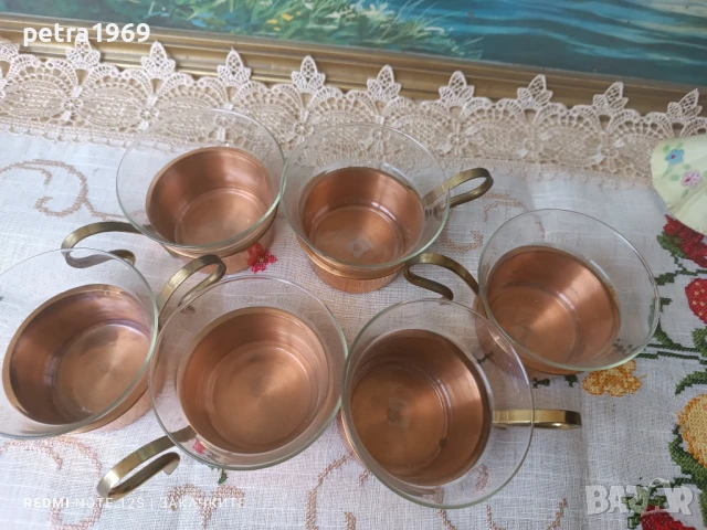 Комплект 6 чаши от боросиликатно стъкло, с медни подстакани И меден поднос, снимка 7 - Сервизи - 51064198