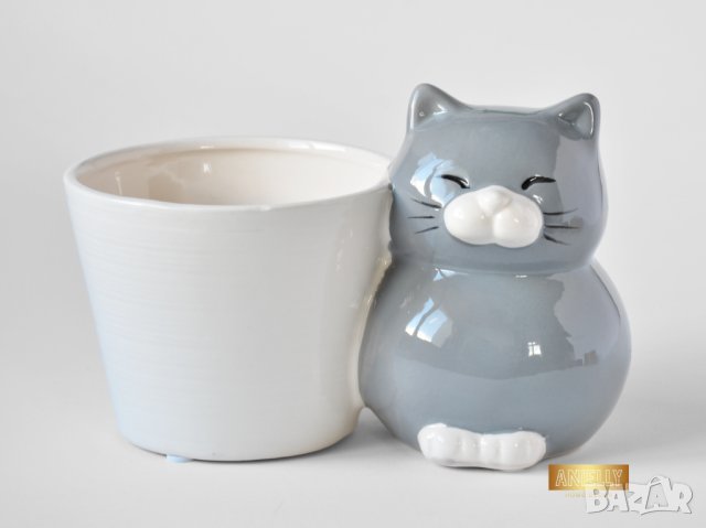 Котка - Кашпа за сукуленти / Подарък за дома / Керамична кашпа с котка , снимка 1 - Саксии и кашпи - 40513352