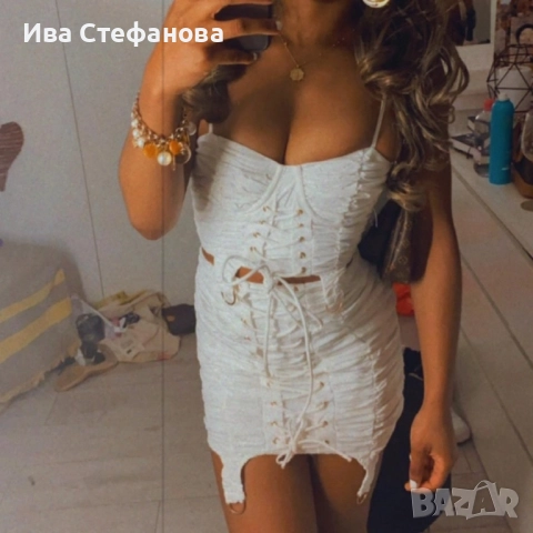 Нов елегантен парти коктейлен официален бял сет комплект пола топ корсет набран по цялата дължина , снимка 5 - Костюми - 49813611