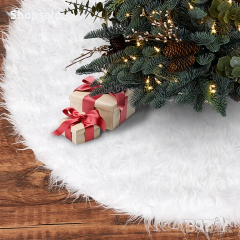 Бяла кръгла плюшена подложка за коледно дърво,елегантна украса за празничния декор.