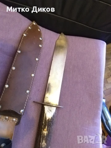 Масивен ловен нож дръжка еленов рог калъф естест.кожа 45см и острие 247х43мм дебелина 5мм, снимка 3 - Ножове - 51009467