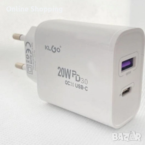 Адаптер за бързо зареждане KLGO PD-300, USB-A/USB-C, FAST CHARGING 20W, снимка 5 - Безжични зарядни - 53382665