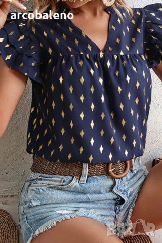 Дамска блуза с щамповани волани и къс ръкав с V-образно деколте - 023, снимка 3 - Тениски - 40199358
