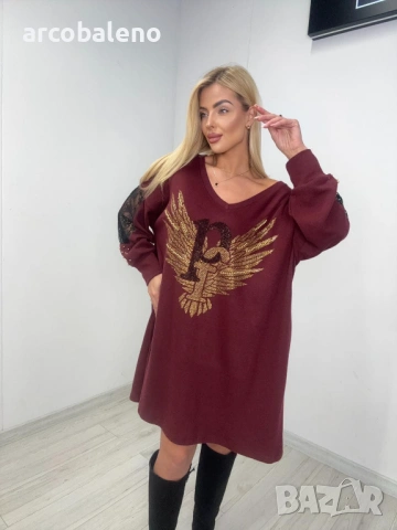 Дамски овърсайз суичър (туника ) с принт и пайети на орел, 2цвята , снимка 7 - Рокли - 53586926