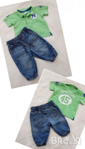 Дънки и тениска с яка за бебе момче 3-6 месеца, снимка 1 - Панталони и долнища за бебе - 32422973