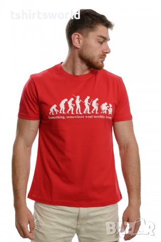 Нова мъжка тениска с трансферен печат Човешка еволюция в червен цвят, снимка 5 - Тениски - 37664008
