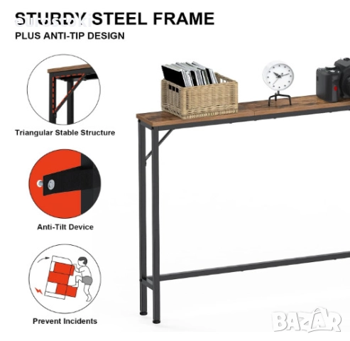 Конзолна маса VEDECASA със зарядна станция, тънка конзолна маса за спалня, коридор, хол, индустриале, снимка 7 - Маси - 52777484