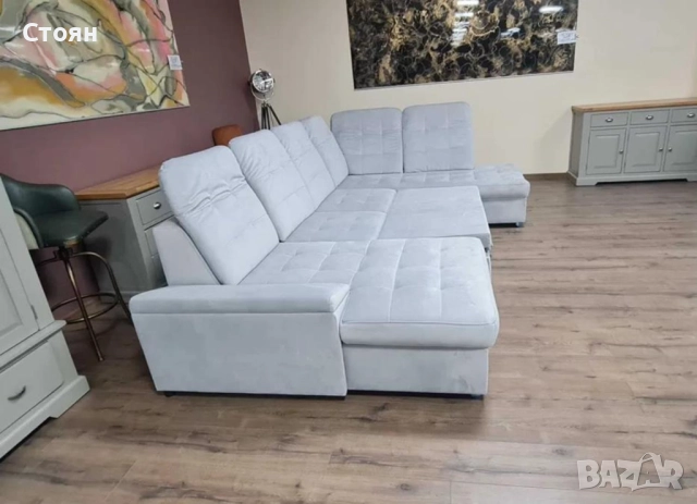 Сиво син П образен ъглов диван от плат Nigrum с функция сън, снимка 12 - Дивани и мека мебел - 52125490