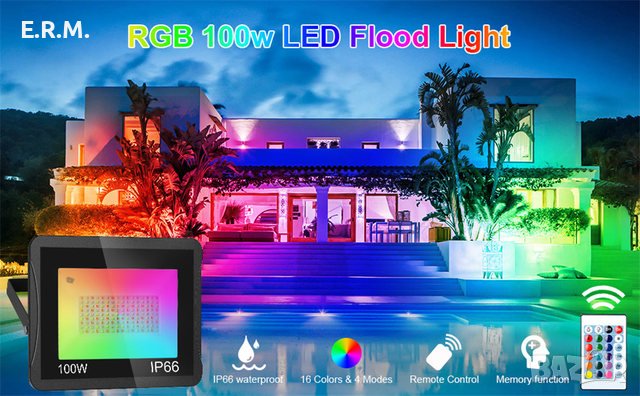 T-SUN RGBW LED 100W прожектори 2бр ip66 Водоустойчив външен прожектор Лампа за градинска украса, снимка 14 - Прожектори - 43051500