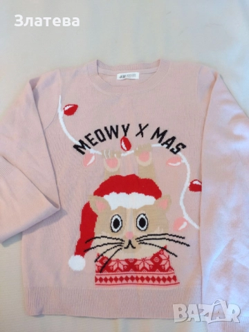 Коледен пуловер с коте на H&M - 10-12 г, снимка 3 - Детски пуловери и жилетки - 52372297
