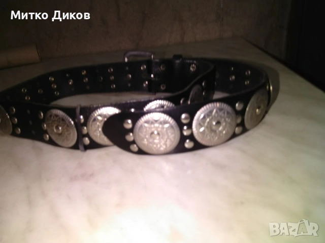 Колан естествена кожа женски 96см на 38мм с метални пластини като нов, снимка 3 - Колани - 53130322