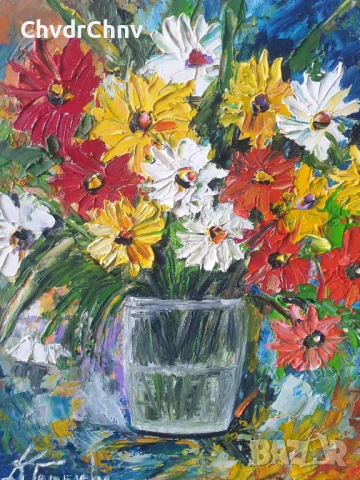 Деница Гарелова 30x24см/малка българска картина масло върху платно-картон/натюрморт-цветя/без рамка, снимка 2 - Картини - 51160635