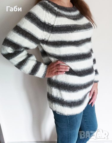 Страхотен ръчно плетен пуловер в  черно, бяло и сиво, снимка 1 - Блузи с дълъг ръкав и пуловери - 26679239