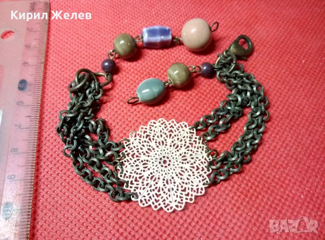 ФЛОРАЛНА ФИЛИГРАНЕН Тип МЕСИНГОВА ВИНТИДЖ ГРИВНА с ЦВЕТНА АРТ КЕРАМИКА 30523, снимка 5 - Гривни - 47298445