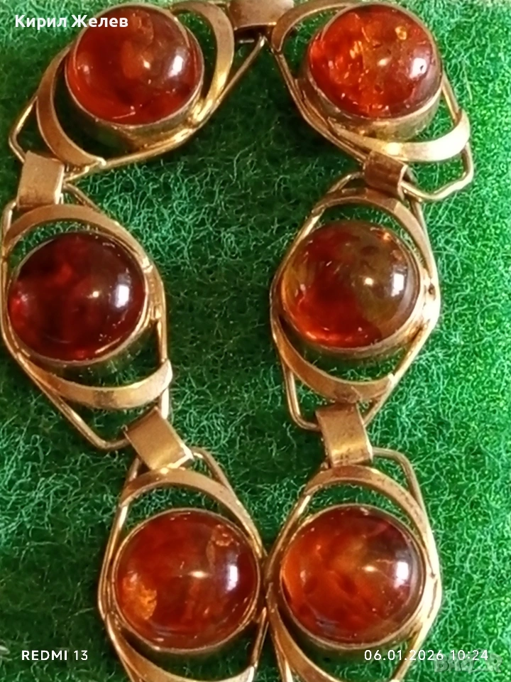 Винтидж сребърна гривна СССР с БАЛТИЙСКИ КЕХЛИБАР с позлата ювелирна изработка 32628, снимка 1