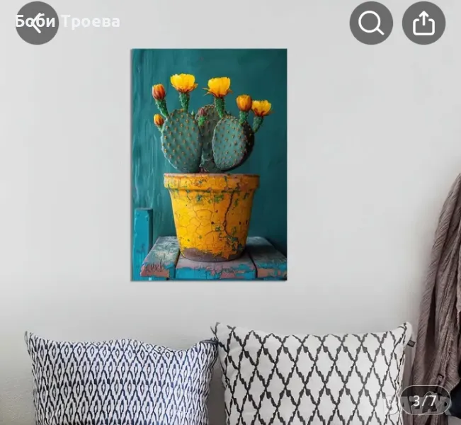 Ярък Печат на Художествен Платно с Кактуси - с Рамка, Рустикален Дървен Фон с Цветни Цветя,, снимка 1