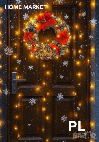 Венец от гирлянд 38 см Описание:  Коледен венец с червени цветя и надпис “Merry Christmas” Добавете , снимка 1