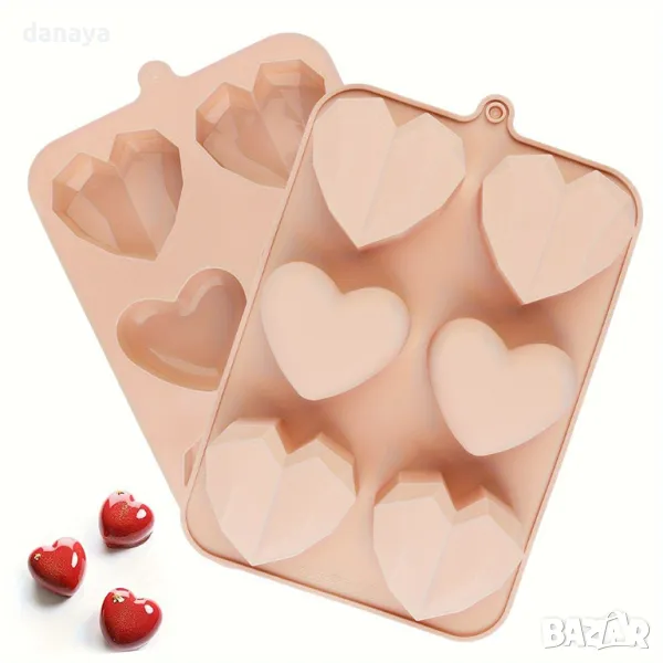 5477 Силиконова форма за мъфини Диамантени сърца, 6 гнезда, снимка 1