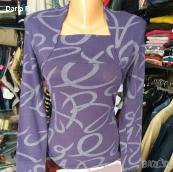 Блуза с деколте трапец в люляково лилаво и светлосиво, снимка 1