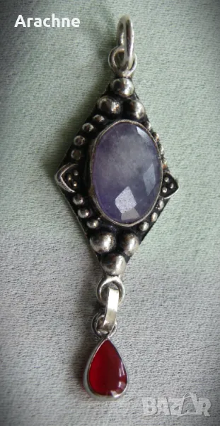 Голям сребърен медальон със сапфир и рубин, снимка 1