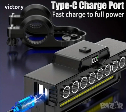 Ултра ярък преден фар за велосипед с 9 LED диода, 2000 lm мощност, клаксон 120 dB и батерия 4000 mAh, снимка 4 - Части за велосипеди - 53062468