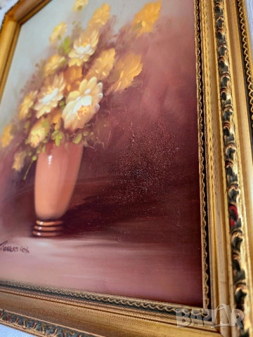 Винтидж оригинална маслена картина ваза и цветя на художника Робърт Кокс, снимка 12 - Картини - 52192915