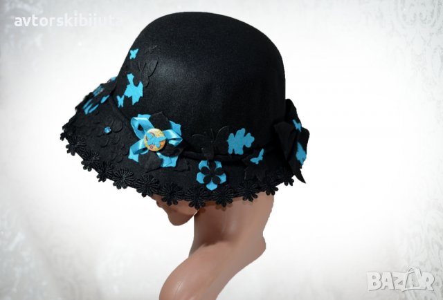 ⚜️ Черна дамска шапка филц с цветя и пеперуди №3090, снимка 4 - Шапки - 38130063