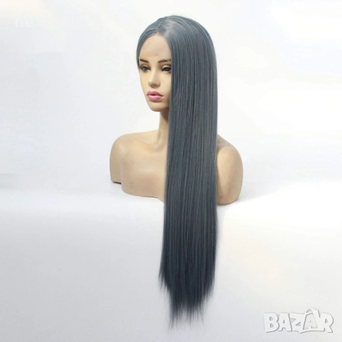 Модерна синьо-сива права перука - 80 см с лейс фронт 13×4, снимка 5 - Аксесоари за коса - 52729781