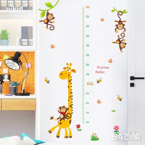 Жираф и маймунки на клон метър за стена и мебел детска стая лепенка стикер самозалепващ, снимка 4 - Други - 34817973