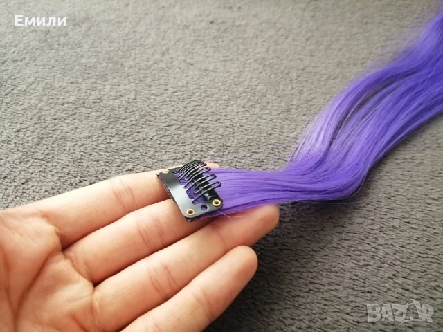 5 броя лилави кичури/екстеншъни/аксесоари за коса - синтетичен косъм, снимка 10 - Аксесоари за коса - 51105602