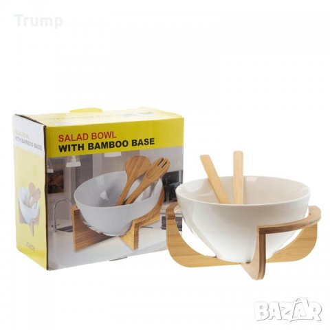 Купа за салата с бамбукови поставка и бамбукови прибори, снимка 2 - Прибори за хранене, готвене и сервиране - 38257852