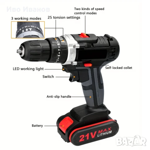 Акумулаторен винтоверт 21 V, бормашина с 2 батерии, снимка 4 - Винтоверти - 50663863