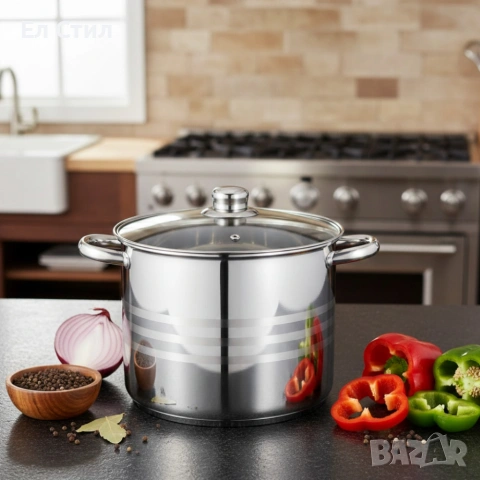 Тенджера от неръждаема стомана и многослойно дъно за бързо и равномерно готвене