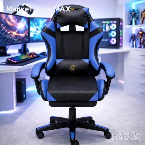 Ергономичен геймърски стол с масажна функция и поставка за крака – черно-син, снимка 6 - Геймърски - 53449194
