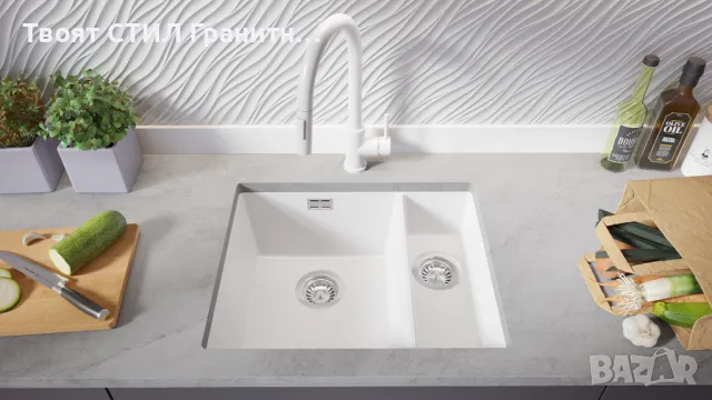 Гранитна Мивка за Вграждане под Плот Лондон 60 Duo 550 x 450  бяла, снимка 3 - Други - 37574369