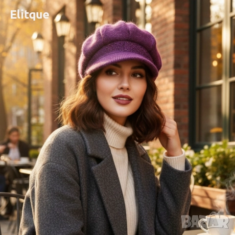 Дамска зимна плетена шапка с козирка и декоративни камъчета, снимка 3 - Шапки - 52672624