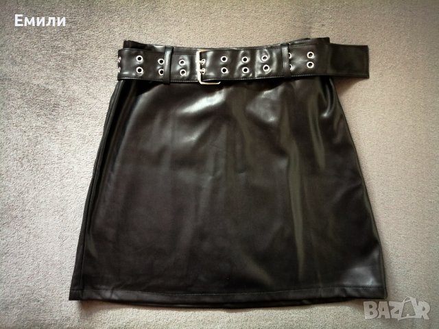 Дамска къса кожена пола с висока талия и колан р-р S, снимка 4 - Поли - 43700926