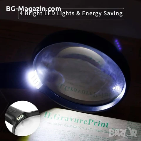 Голяма ръчна лупа 10X с LED осветление за четене стъклена увеличителна мощна дръжка професионална, снимка 9 - Други инструменти - 50919717