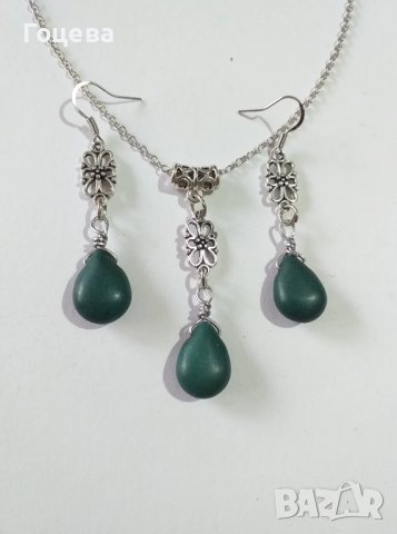 Красив комплект с тъмно зелени Тюркоази капка и нежни орнаменти цвят сребро, снимка 3 - Бижутерийни комплекти - 38762018
