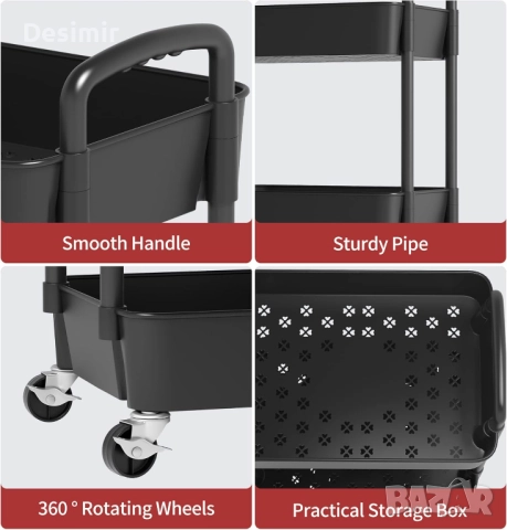4-етажна кухненска количка Sywhitta с колелца – мултифункционална, черна, снимка 6 - Други - 52677171
