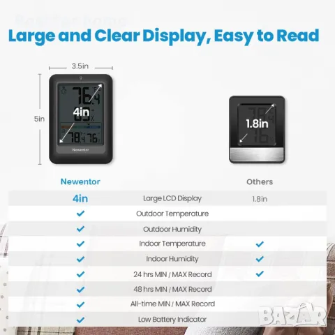 Безжичен вътрешен и външен термометър Newentor Q8, снимка 4 - Друга електроника - 48351481