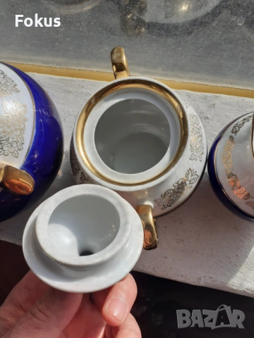 Руски порцелан троен сет позлата и кобалт маркировка, снимка 4 - Антикварни и старинни предмети - 53333595