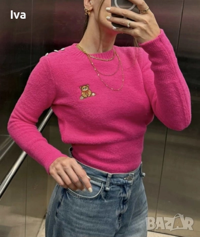 Розова пухкава зимна блуза с емблема мече, размери, снимка 2 - Блузи с дълъг ръкав и пуловери - 52447571