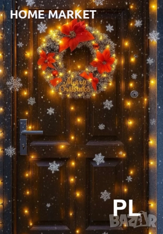 Венец от гирлянд 38 см Описание:  Коледен венец с червени цветя и надпис “Merry Christmas” Добавете 