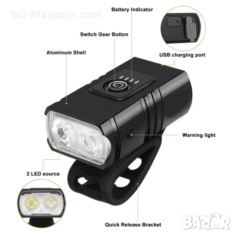 Мощен акумулаторен LED фар за колело предни светлини за велосипед водоустойчив зареждащ се USB, снимка 6 - Аксесоари за велосипеди - 50963126