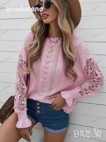 Дамски пуловер с дълъг ръкав с изрязани венчелистчета, 3цвята - 023