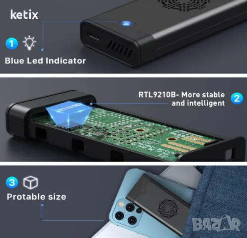 M.2 NVME SSD Enclosure with Cooling Fan, 10 Gbps USB C 3.2 Gen 2 PCIE NVME Adapter, снимка 6 - Друга електроника - 48548596