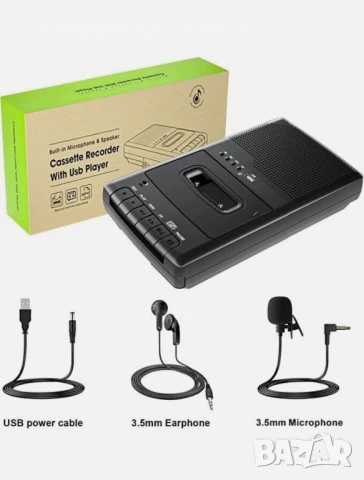 Преносим аудиокасетофон, сканиращ към USB, с дръжка, слушалки, микрофон, високоговорител, снимка 1