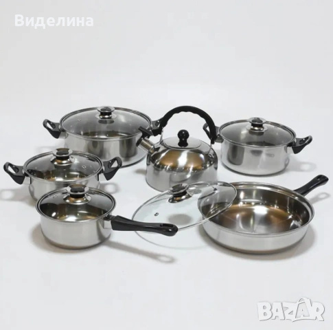 Комплект от 12 части за всяка кухня. 3бр тенджери, тиган, касерола и чайник и капаци, снимка 3 - Съдове за готвене - 53589989