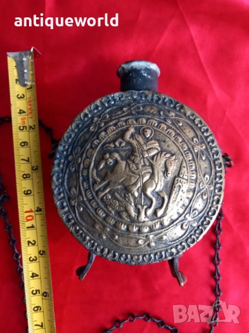 19Век Стара Бронзова Барутница,Барутник Свети Георги , снимка 7 - Антикварни и старинни предмети - 52569432